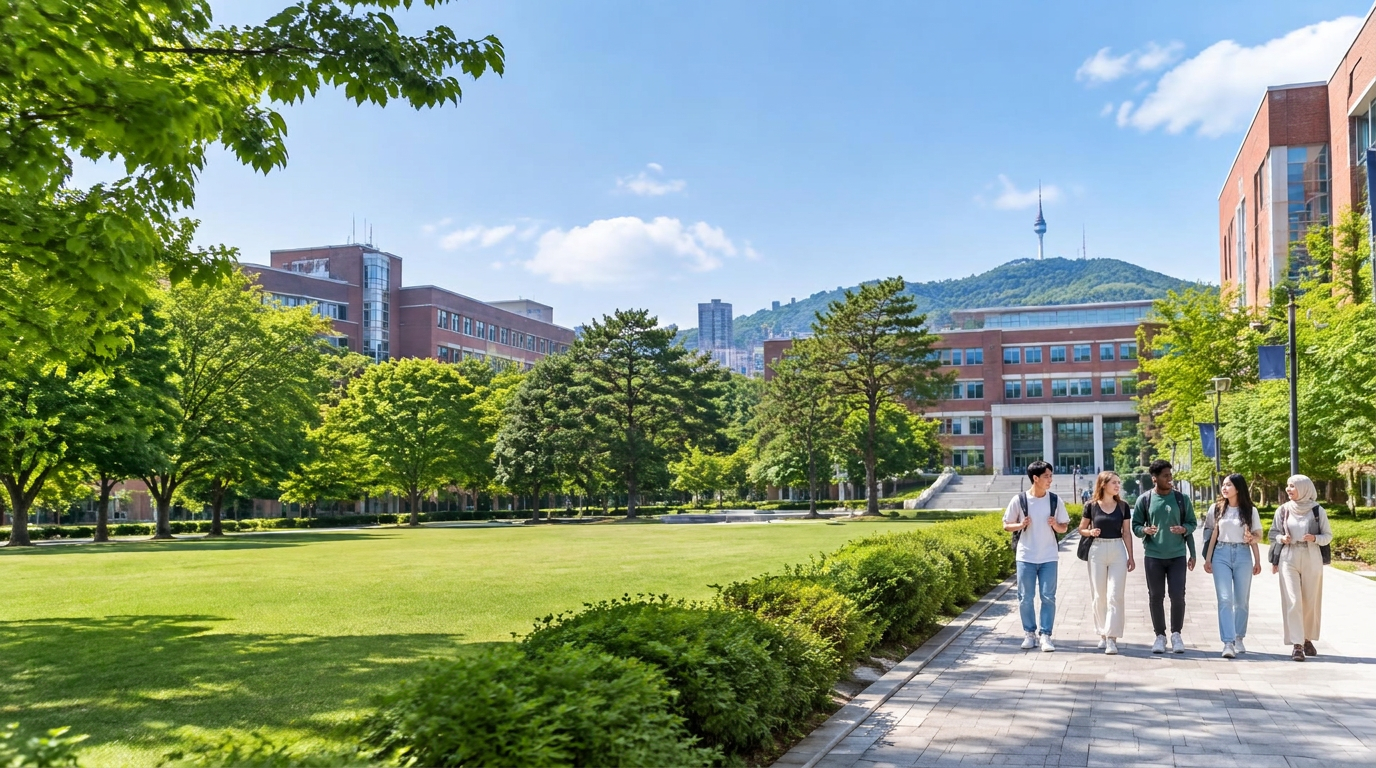 Illustration of international students enjoying campus life in Seoul